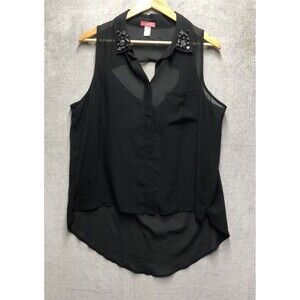 Six Degrees Of Separation Blouse XL Black Sheer Embellished Rhinestone Collar